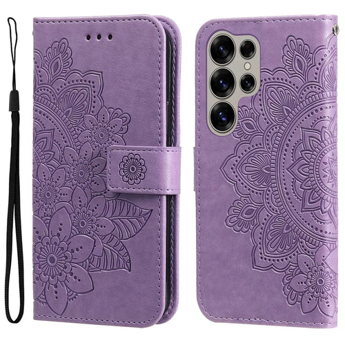 For Samsung Galaxy S25 Ultra Case Floral Pattern PU Leather Wallet Stand Phone Cover - Purple - 1