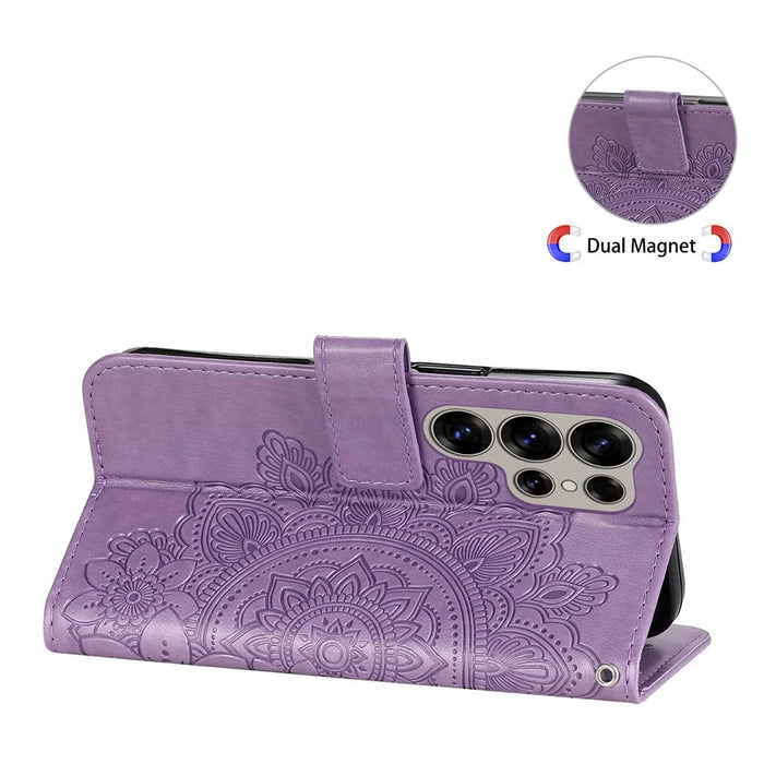 For Samsung Galaxy S25 Ultra Case Floral Pattern PU Leather Wallet Stand Phone Cover - Purple - 4