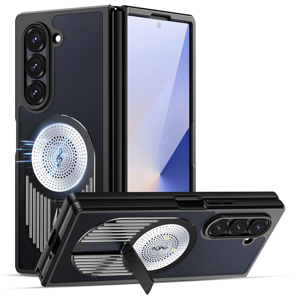 For Samsung Galaxy Z Fold6 5G Magnetic Case Heat Dissipation Aromatherapy Kickstand Silicone+PC Phone Cover - Black - 1