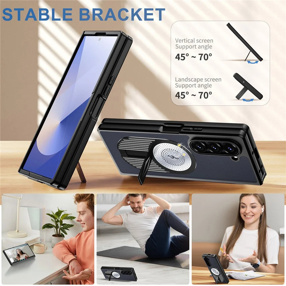 For Samsung Galaxy Z Fold6 5G Magnetic Case Heat Dissipation Aromatherapy Kickstand Silicone+PC Phone Cover - Black - 2