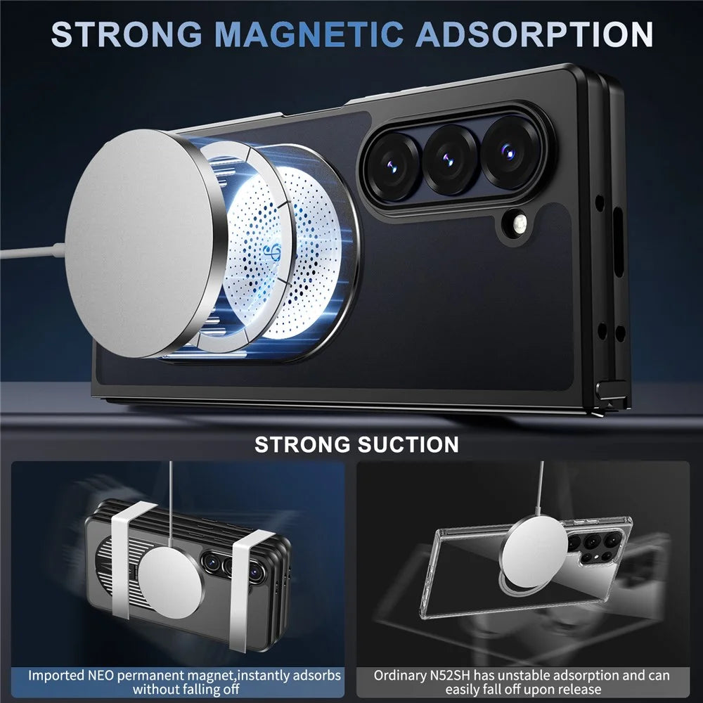 For Samsung Galaxy Z Fold6 5G Magnetic Case Heat Dissipation Aromatherapy Kickstand Silicone+PC Phone Cover - Black - 3