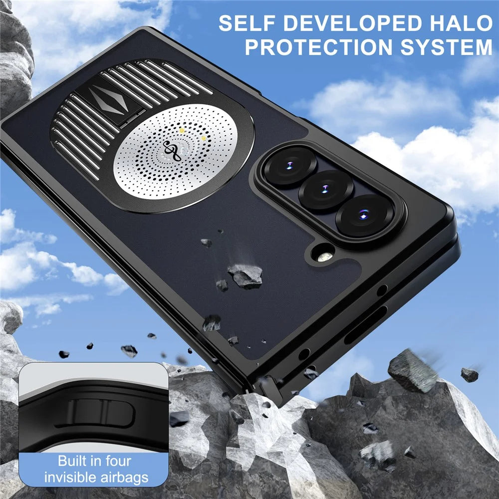 For Samsung Galaxy Z Fold6 5G Magnetic Case Heat Dissipation Aromatherapy Kickstand Silicone+PC Phone Cover - Black - 5