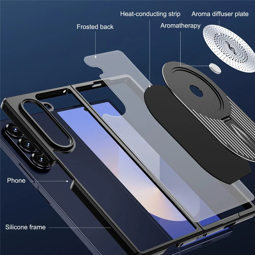 For Samsung Galaxy Z Fold6 5G Magnetic Case Heat Dissipation Aromatherapy Kickstand Silicone+PC Phone Cover - Black - 7