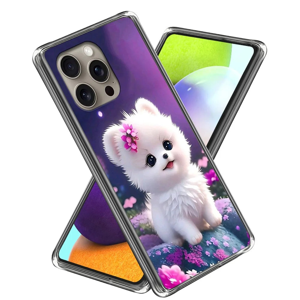 For iPhone 16 Pro Max Case Pattern Printed Shockproof TPU Phone Cover - White Puppy - 1