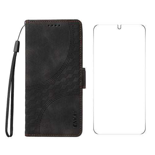 ENKAY For Samsung Galaxy S24 / Galaxy S25 Wallet Case  Imprint PU Leather Phone Stand Cover with Tempered Glass - Black - 1