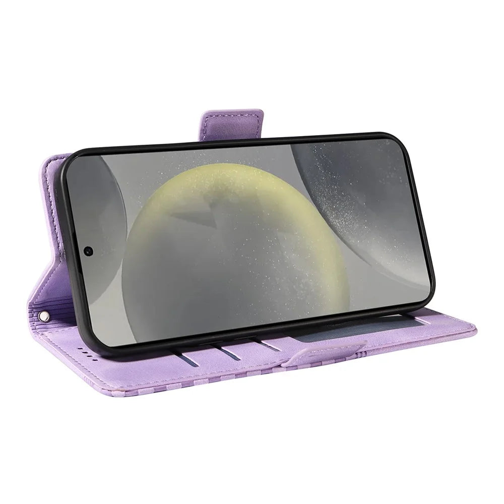 ENKAY For Samsung Galaxy S24 / Galaxy S25 Wallet Case  Imprint PU Leather Phone Stand Cover with Tempered Glass - Black - 3