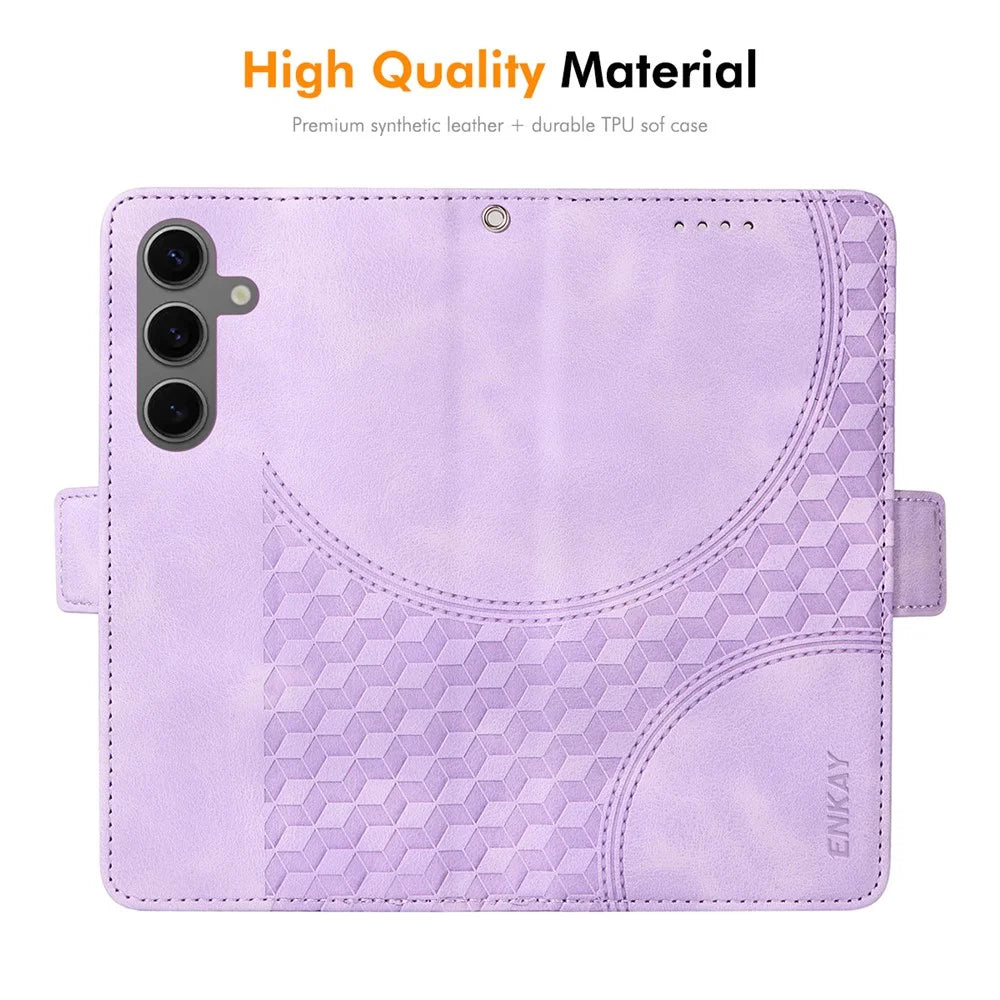 ENKAY For Samsung Galaxy S24 / Galaxy S25 Wallet Case  Imprint PU Leather Phone Stand Cover with Tempered Glass - Black - 4