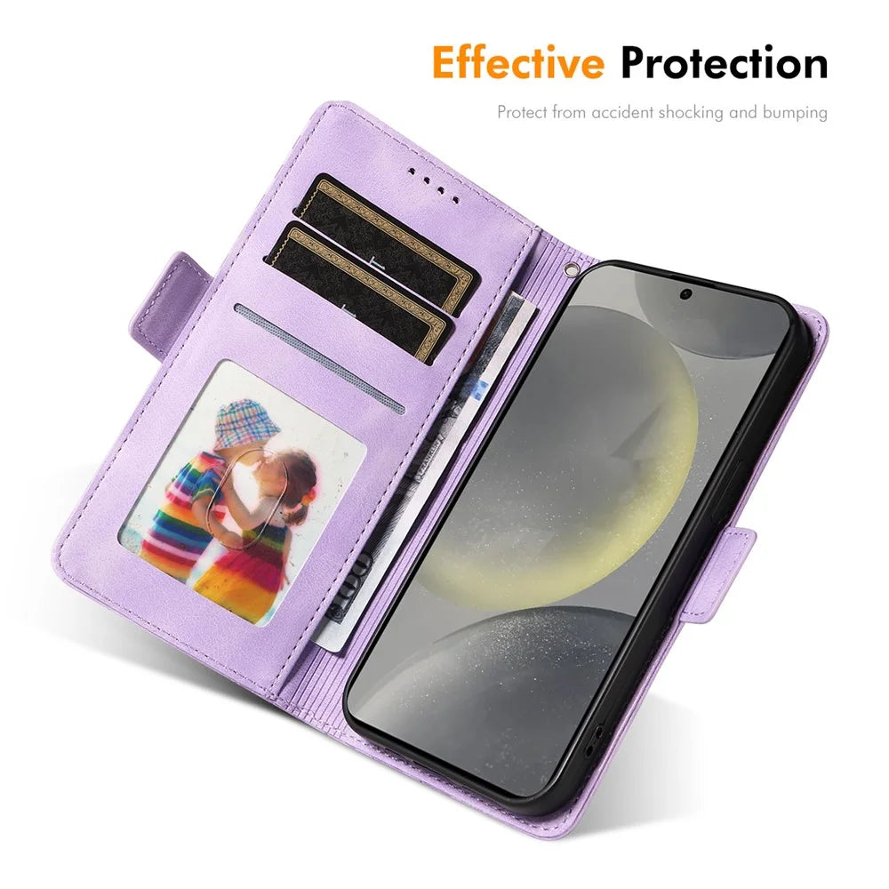 ENKAY For Samsung Galaxy S24 / Galaxy S25 Wallet Case  Imprint PU Leather Phone Stand Cover with Tempered Glass - Black - 5