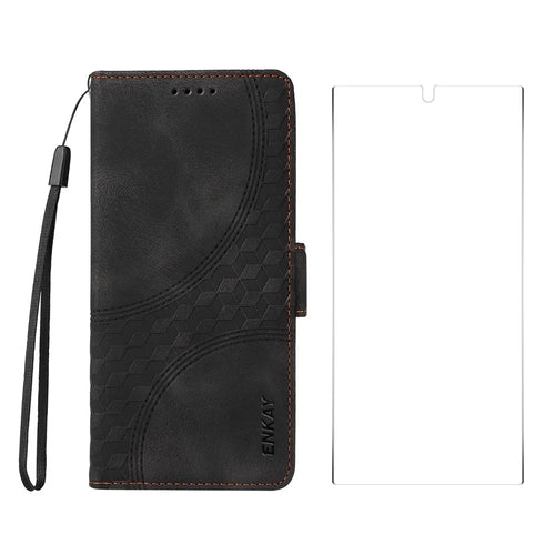 ENKAY For Samsung Galaxy S25 Ultra Wallet Case  Imprint PU Leather Phone Stand Cover with Tempered Glass - Black - 1