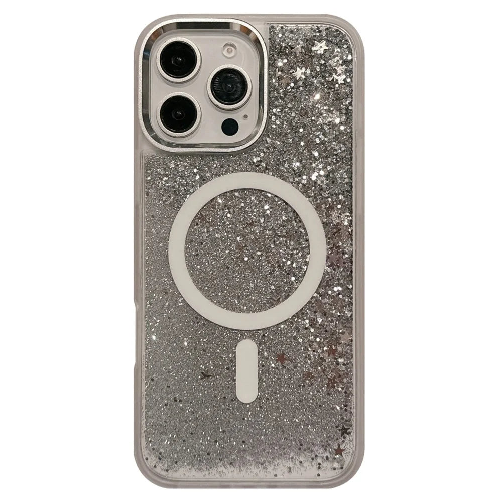 For iPhone 16 Pro Max Case Compatible with MagSafe Glitter Quicksand TPU+PC Phone Cover - Silver - 1