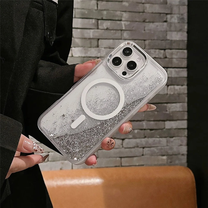 For iPhone 16 Pro Max Case Compatible with MagSafe Glitter Quicksand TPU+PC Phone Cover - Silver - 4