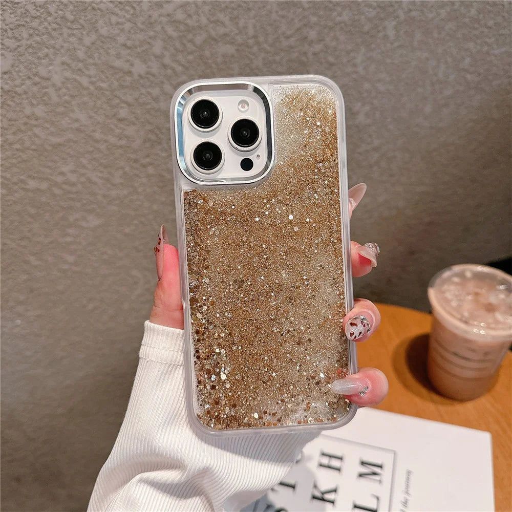 For iPhone 16 Pro Max Case Glitter Quicksand TPU+PC Shockproof Phone Cover - Gold - 2