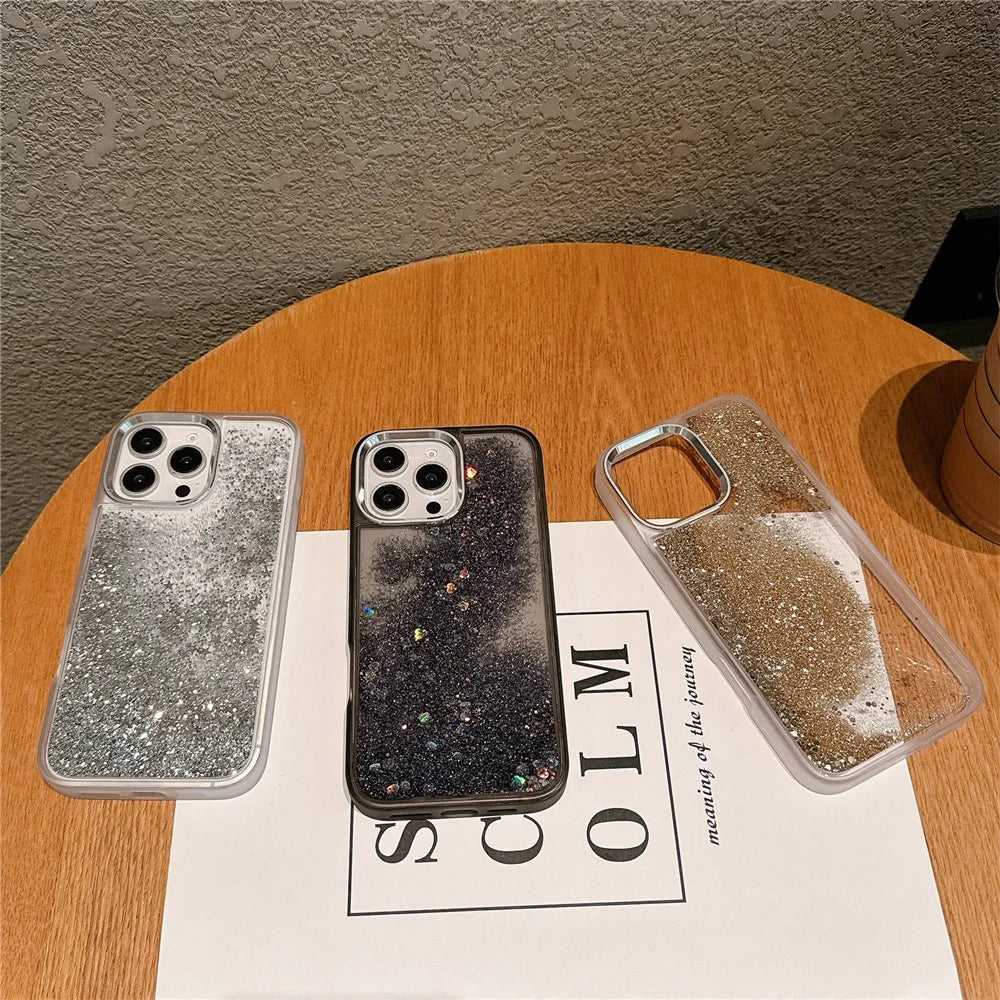 For iPhone 16 Pro Max Case Glitter Quicksand TPU+PC Shockproof Phone Cover - Gold - 4