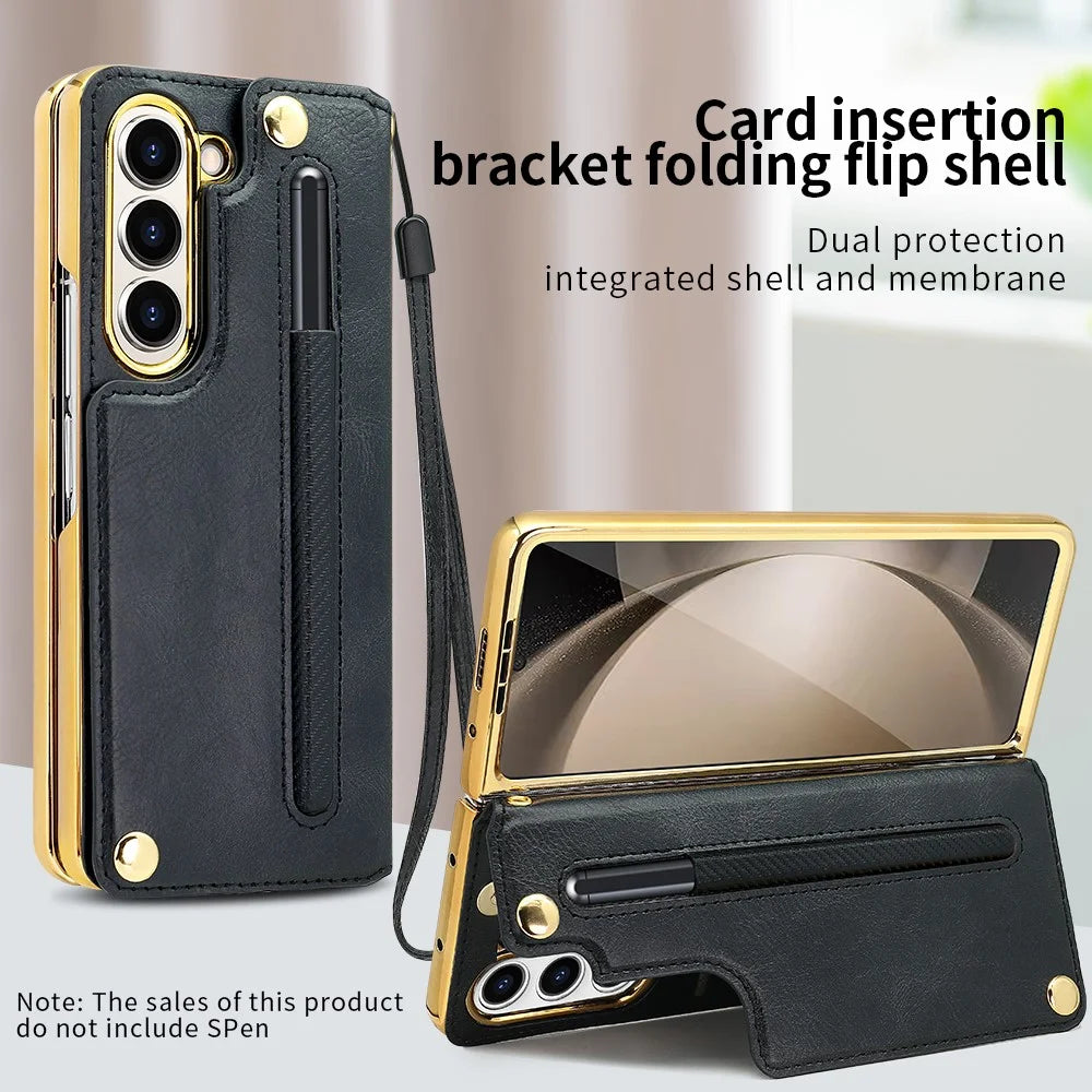 For Samsung Galaxy Z Fold5 5G Case RFID Blocking Card Slot PU+PC Kickstand Phone Cover with Stylus Holder - Black - 2