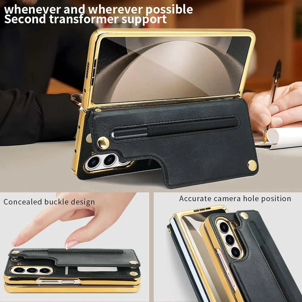 For Samsung Galaxy Z Fold5 5G Case RFID Blocking Card Slot PU+PC Kickstand Phone Cover with Stylus Holder - Black - 3