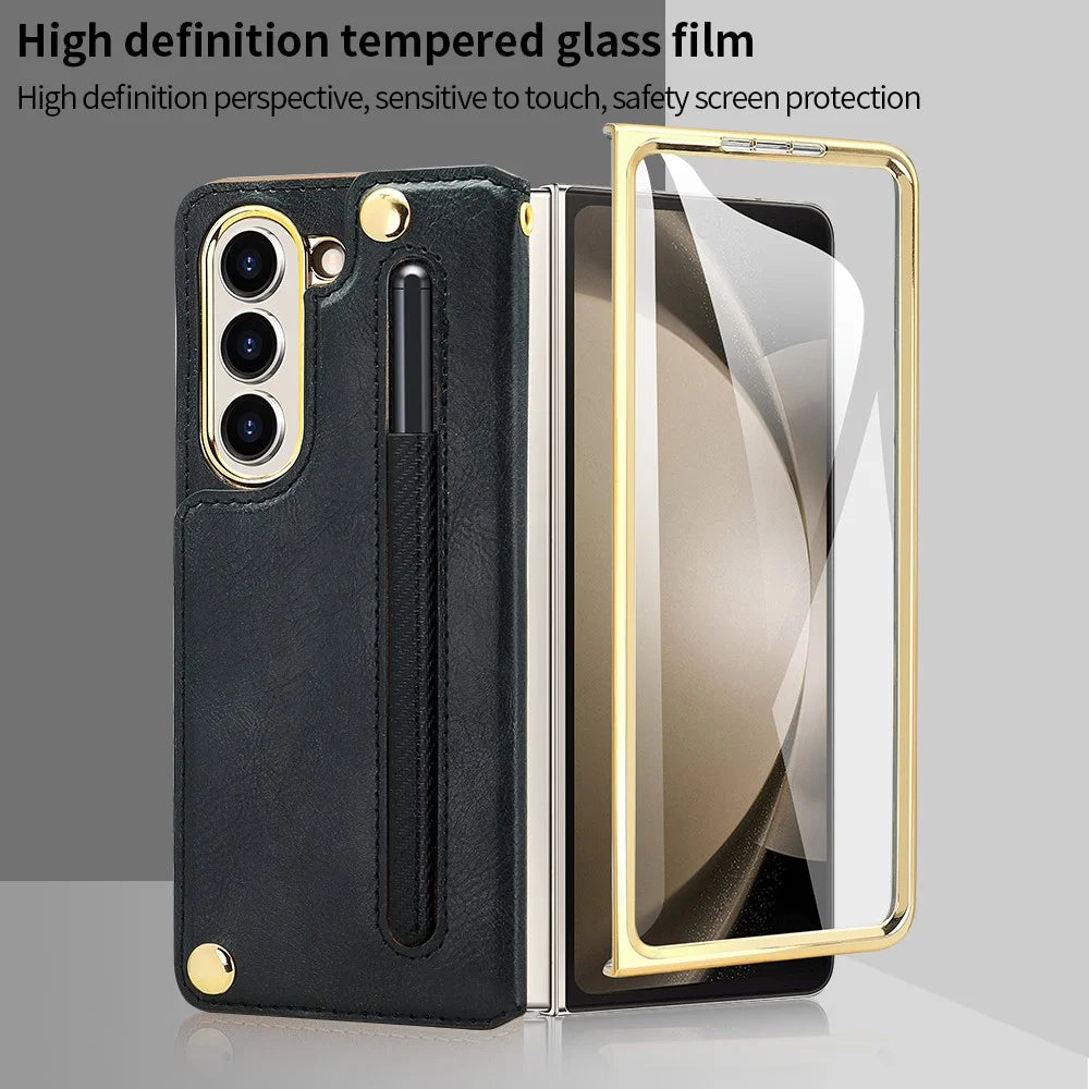 For Samsung Galaxy Z Fold5 5G Case RFID Blocking Card Slot PU+PC Kickstand Phone Cover with Stylus Holder - Black - 4