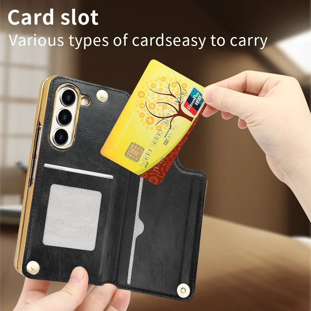 For Samsung Galaxy Z Fold5 5G Case RFID Blocking Card Slot PU+PC Kickstand Phone Cover with Stylus Holder - Black - 5