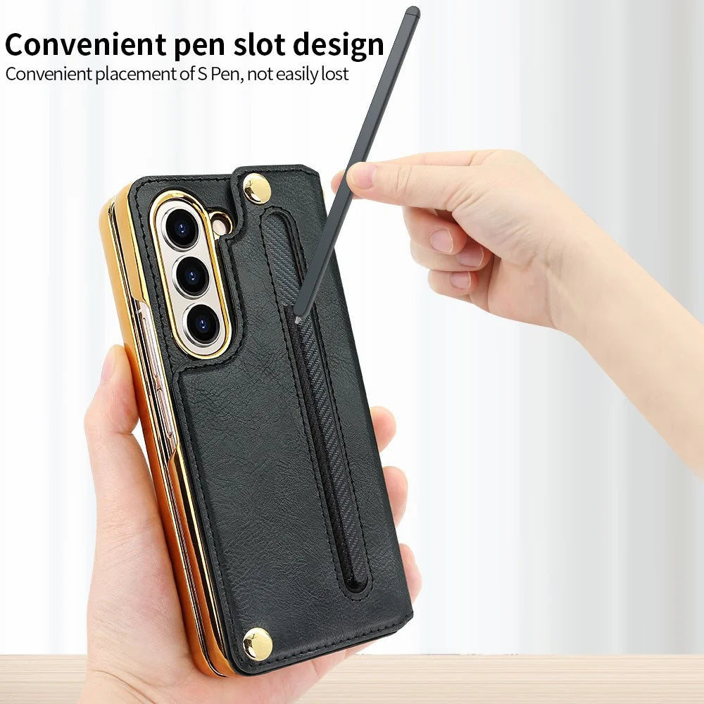 For Samsung Galaxy Z Fold5 5G Case RFID Blocking Card Slot PU+PC Kickstand Phone Cover with Stylus Holder - Black - 6