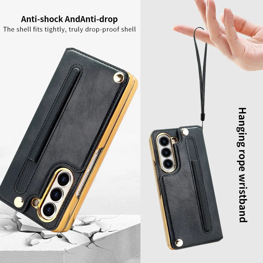 For Samsung Galaxy Z Fold5 5G Case RFID Blocking Card Slot PU+PC Kickstand Phone Cover with Stylus Holder - Black - 7