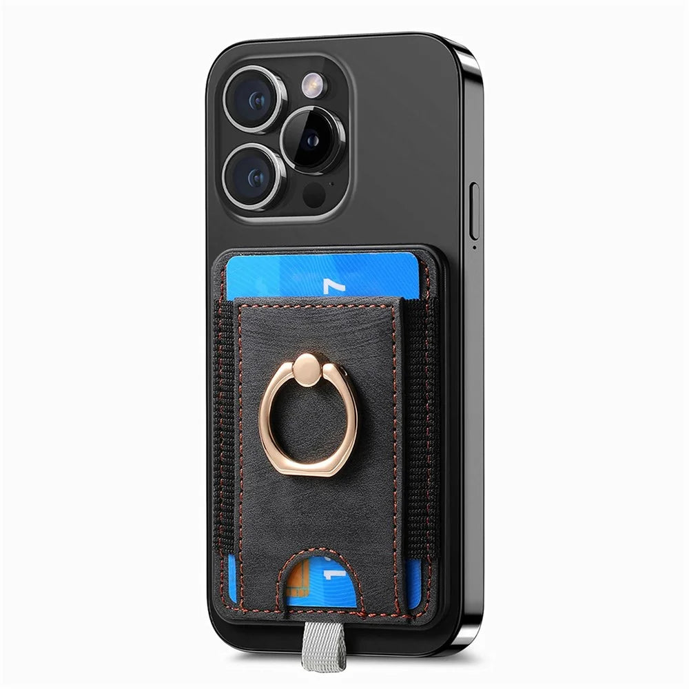 MC-W6 Universal Magnetic Card Holder with Ring Kickstand PU Leather Phone Card Bag - Black - 1