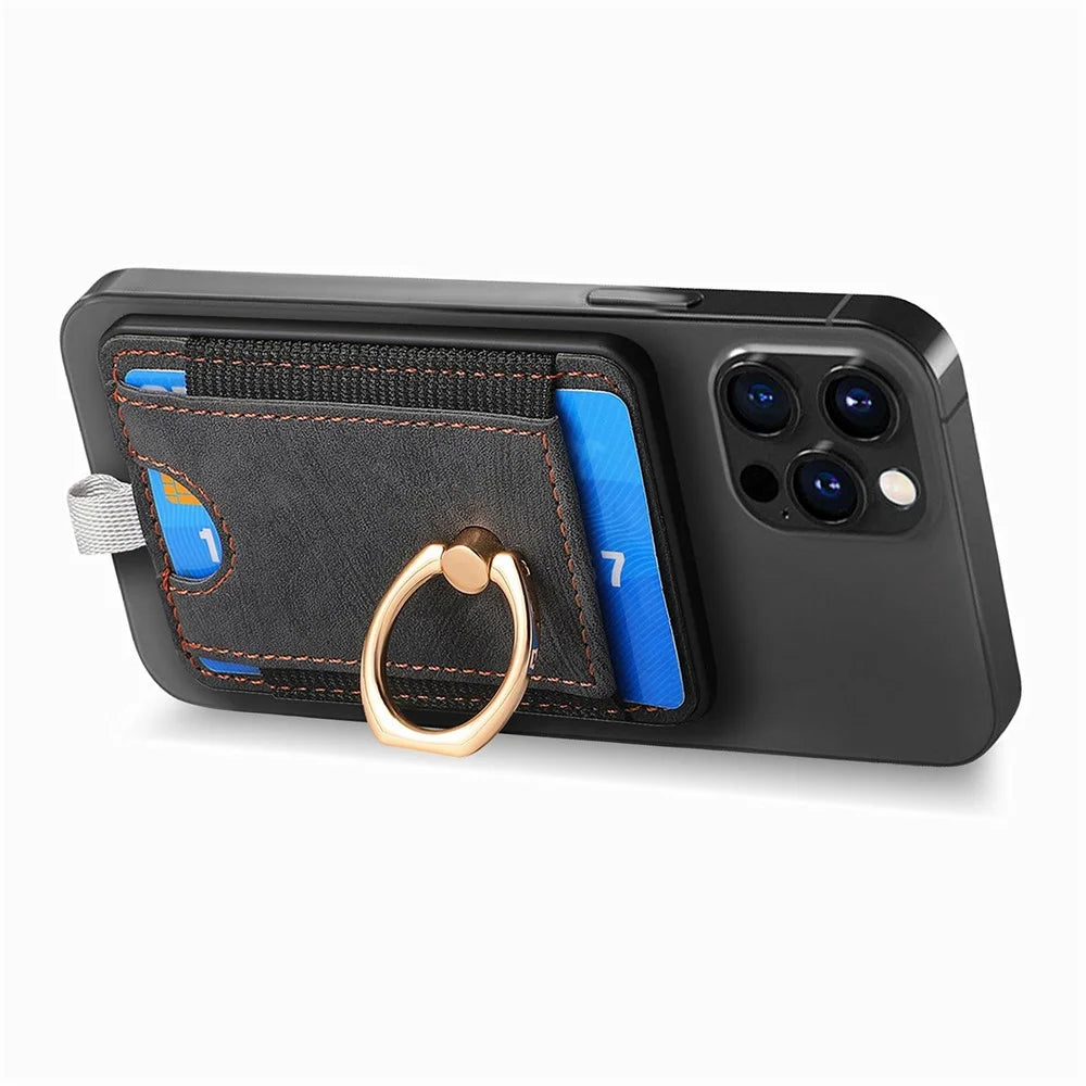 MC-W6 Universal Magnetic Card Holder with Ring Kickstand PU Leather Phone Card Bag - Black - 2
