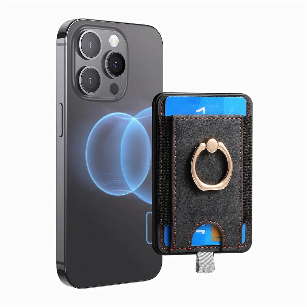 MC-W6 Universal Magnetic Card Holder with Ring Kickstand PU Leather Phone Card Bag - Black - 3