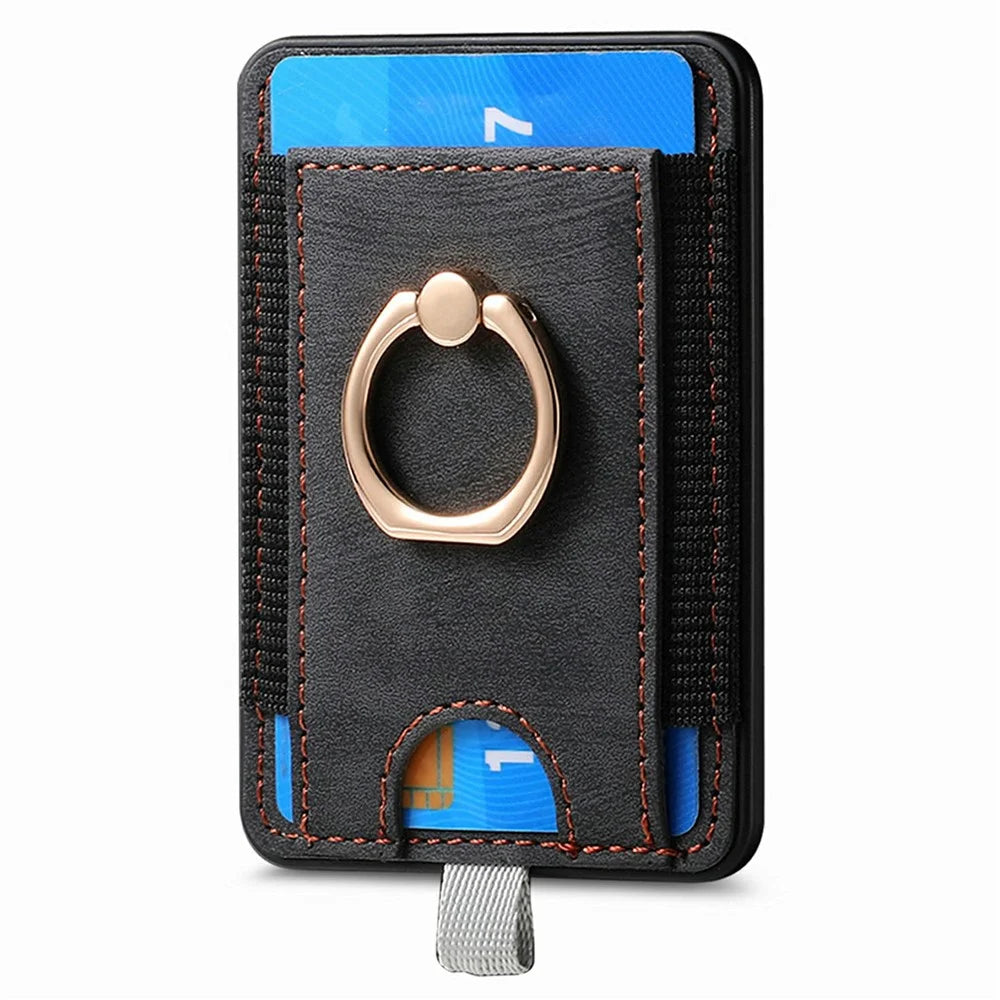 MC-W6 Universal Magnetic Card Holder with Ring Kickstand PU Leather Phone Card Bag - Black - 4