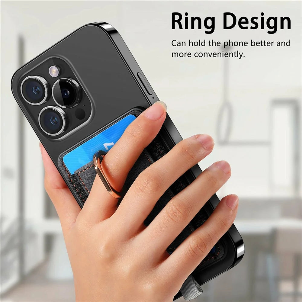 MC-W6 Universal Magnetic Card Holder with Ring Kickstand PU Leather Phone Card Bag - Black - 6