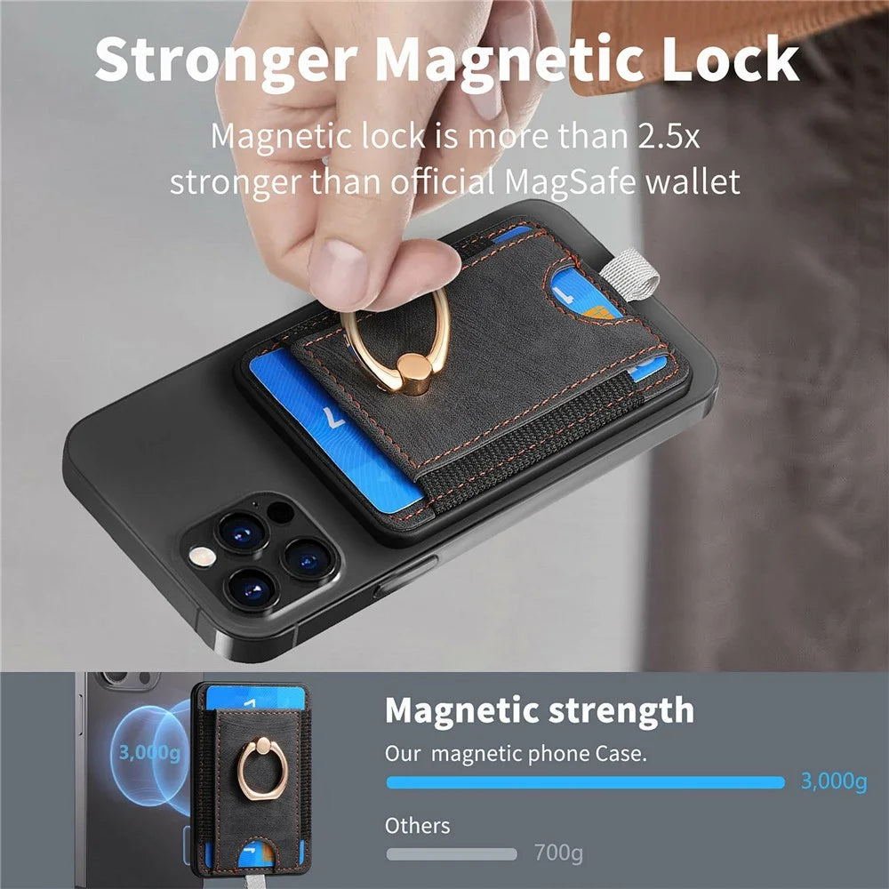 MC-W6 Universal Magnetic Card Holder with Ring Kickstand PU Leather Phone Card Bag - Black - 7
