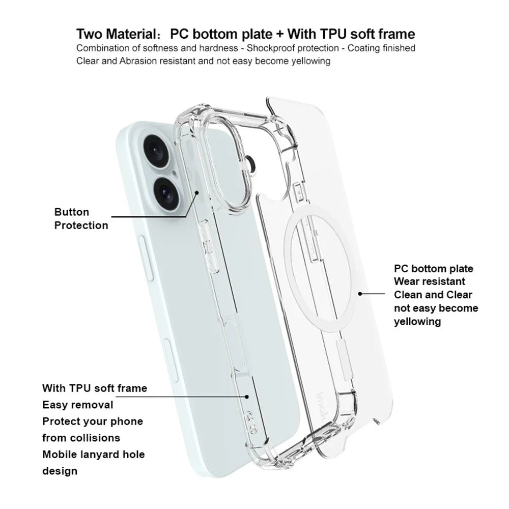 IMAK For iPhone 16 Clear Case Compatible with MagSafe Shockproof PC+TPU Phone Cover - 5