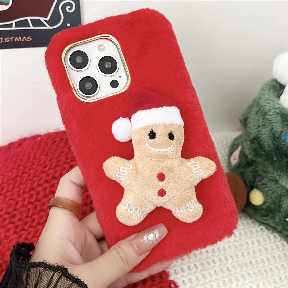For iPhone 15 Pro Max Case Christmas Gingerbread Design Plush + TPU Phone Cover - Red - 1
