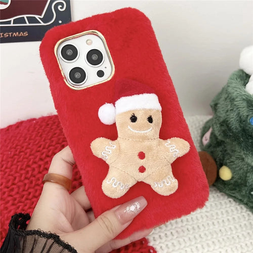 For iPhone 15 Pro Max Case Christmas Gingerbread Design Plush + TPU Phone Cover - Red - 1
