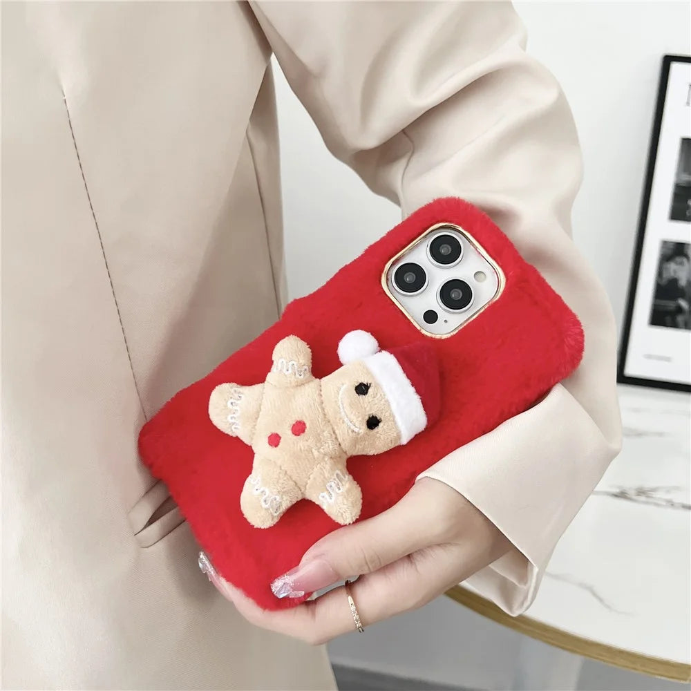 For iPhone 15 Pro Max Case Christmas Gingerbread Design Plush + TPU Phone Cover - Red - 2