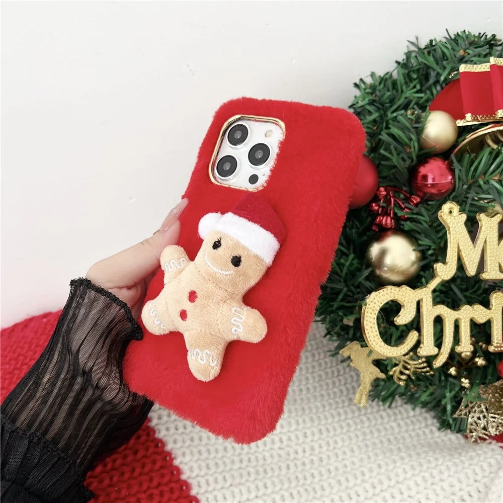 For iPhone 15 Pro Max Case Christmas Gingerbread Design Plush + TPU Phone Cover - Red - 3