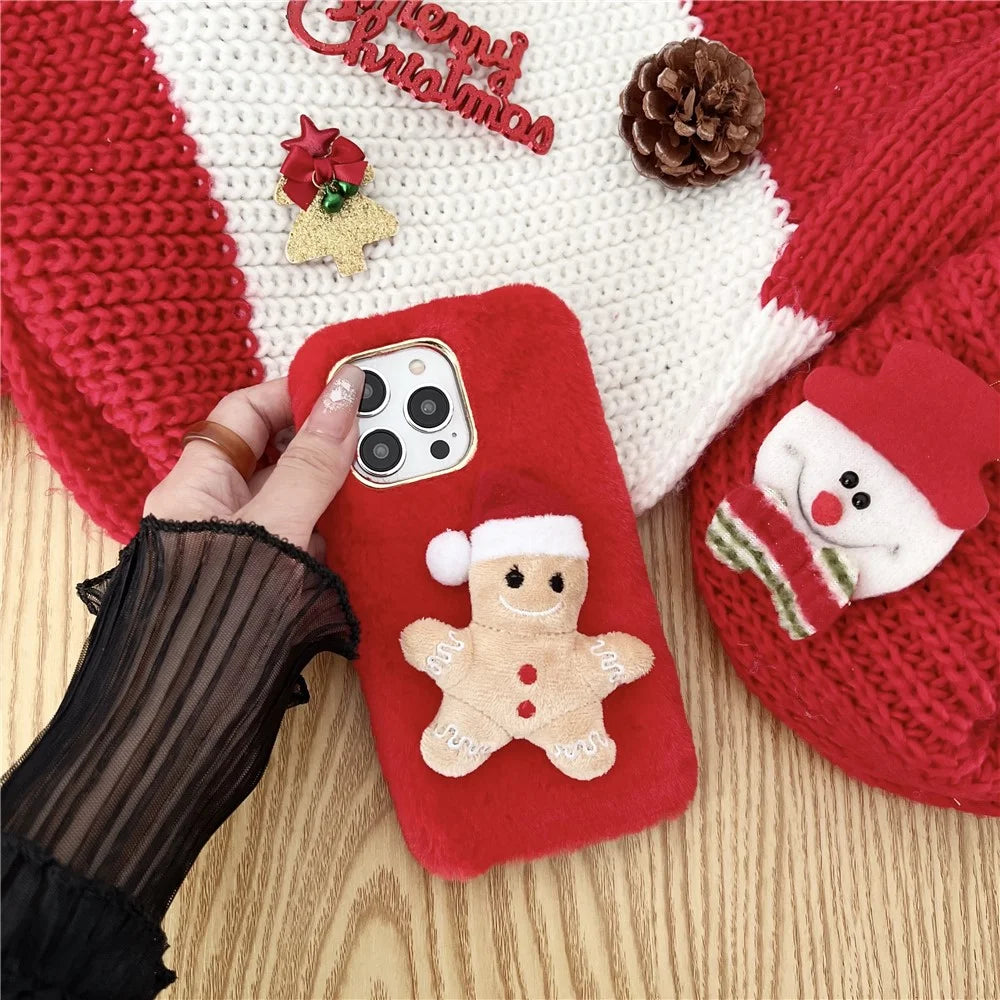 For iPhone 15 Pro Max Case Christmas Gingerbread Design Plush + TPU Phone Cover - Red - 4