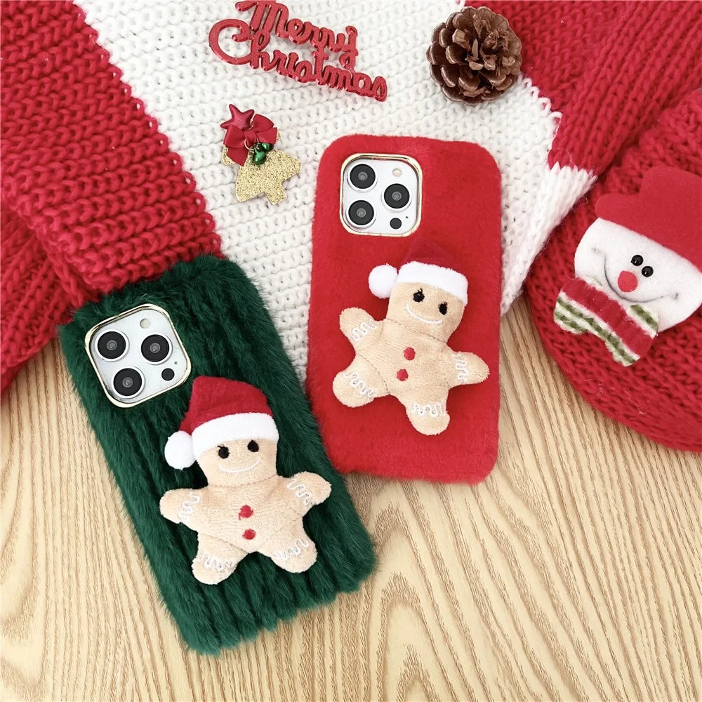 For iPhone 15 Pro Max Case Christmas Gingerbread Design Plush + TPU Phone Cover - Red - 5