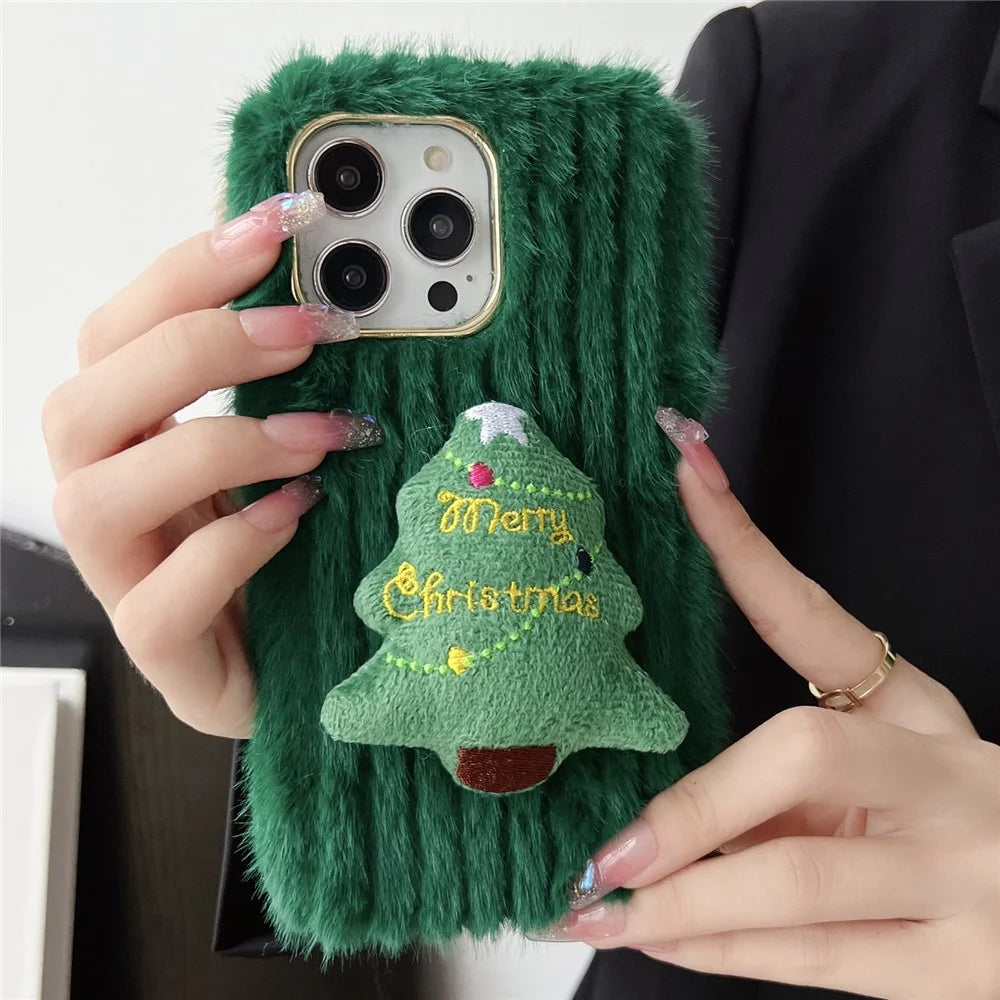 For iPhone 15 Pro Max Case Christmas Tree Design Plush + TPU Phone Cover - Red - 1