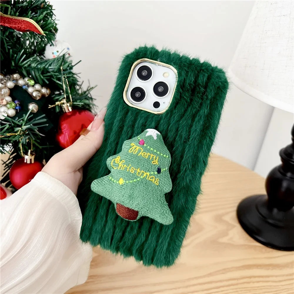 For iPhone 15 Pro Max Case Christmas Tree Design Plush + TPU Phone Cover - Red - 2