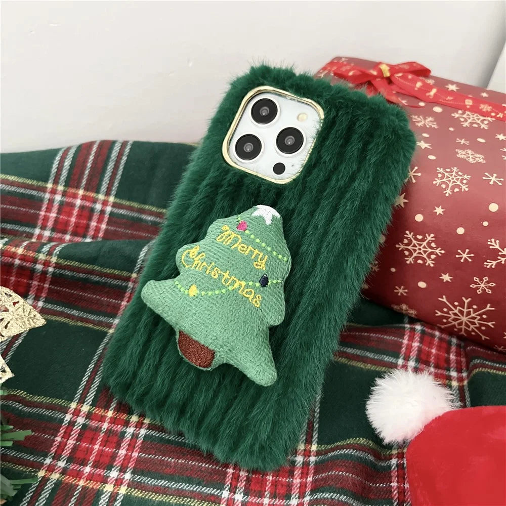 For iPhone 15 Pro Max Case Christmas Tree Design Plush + TPU Phone Cover - Red - 3
