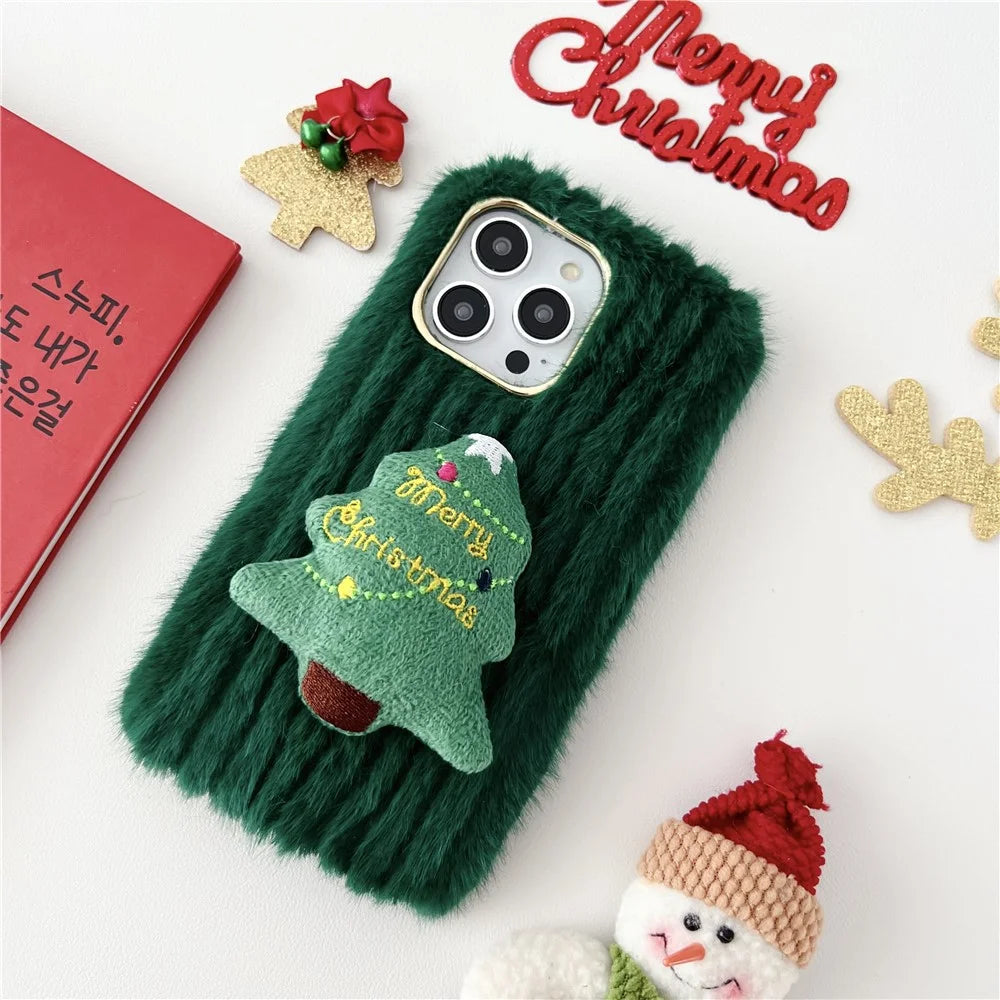 For iPhone 15 Pro Max Case Christmas Tree Design Plush + TPU Phone Cover - Red - 5
