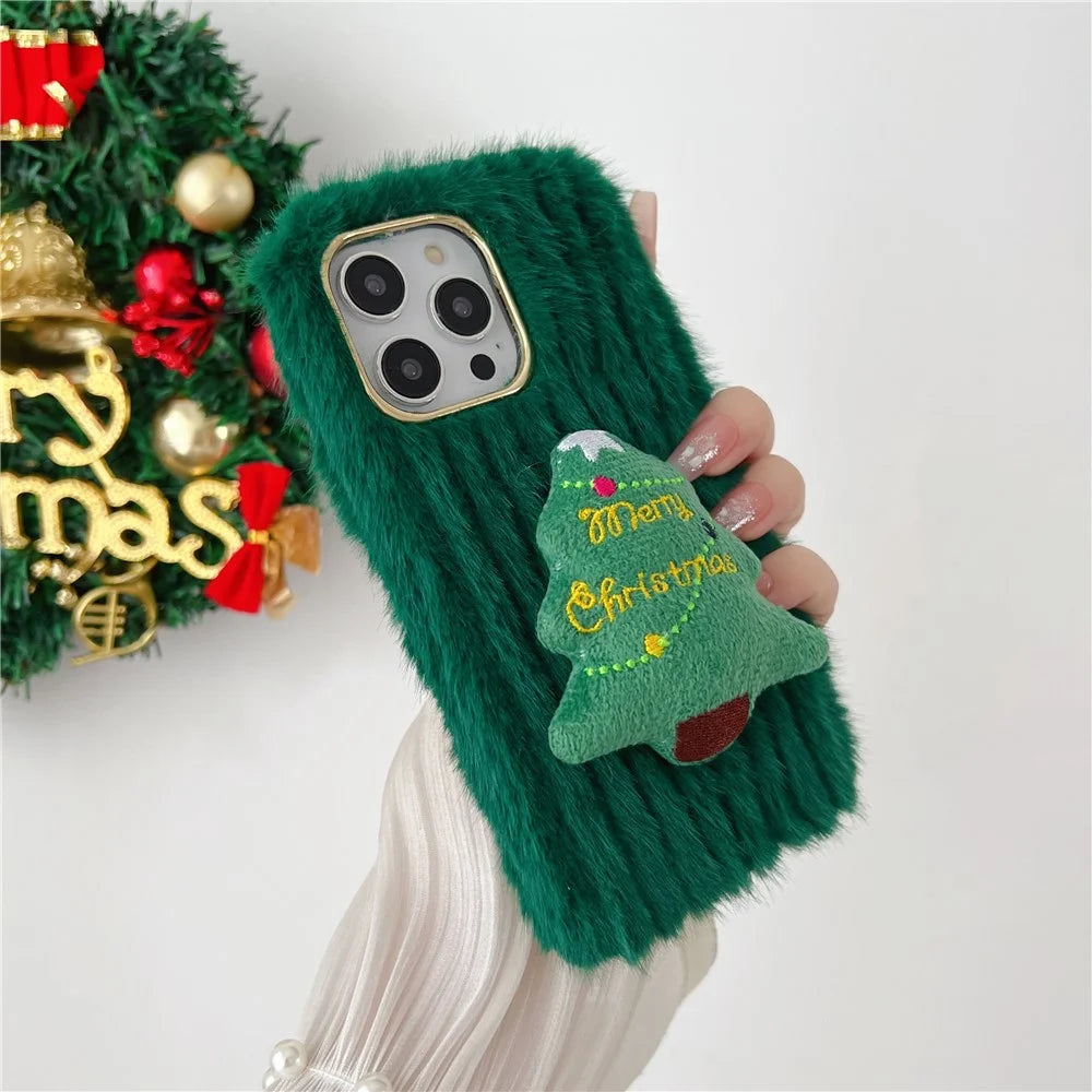 For iPhone 15 Pro Max Case Christmas Tree Design Plush + TPU Phone Cover - Red - 6
