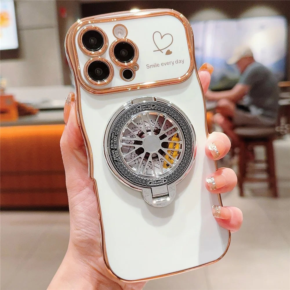 For iPhone 16 Pro Max Case Electroplating Gyro Design Kickstand Soft TPU Phone Cover - Ivory White - 1
