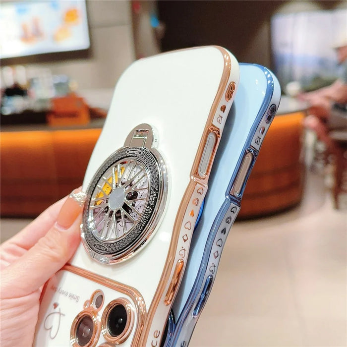 For iPhone 16 Pro Max Case Electroplating Gyro Design Kickstand Soft TPU Phone Cover - Ivory White - 5