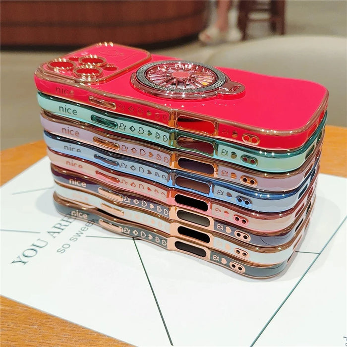 For iPhone 16 Pro Max Case Electroplating Gyro Design Kickstand Soft TPU Phone Cover - Ivory White - 7