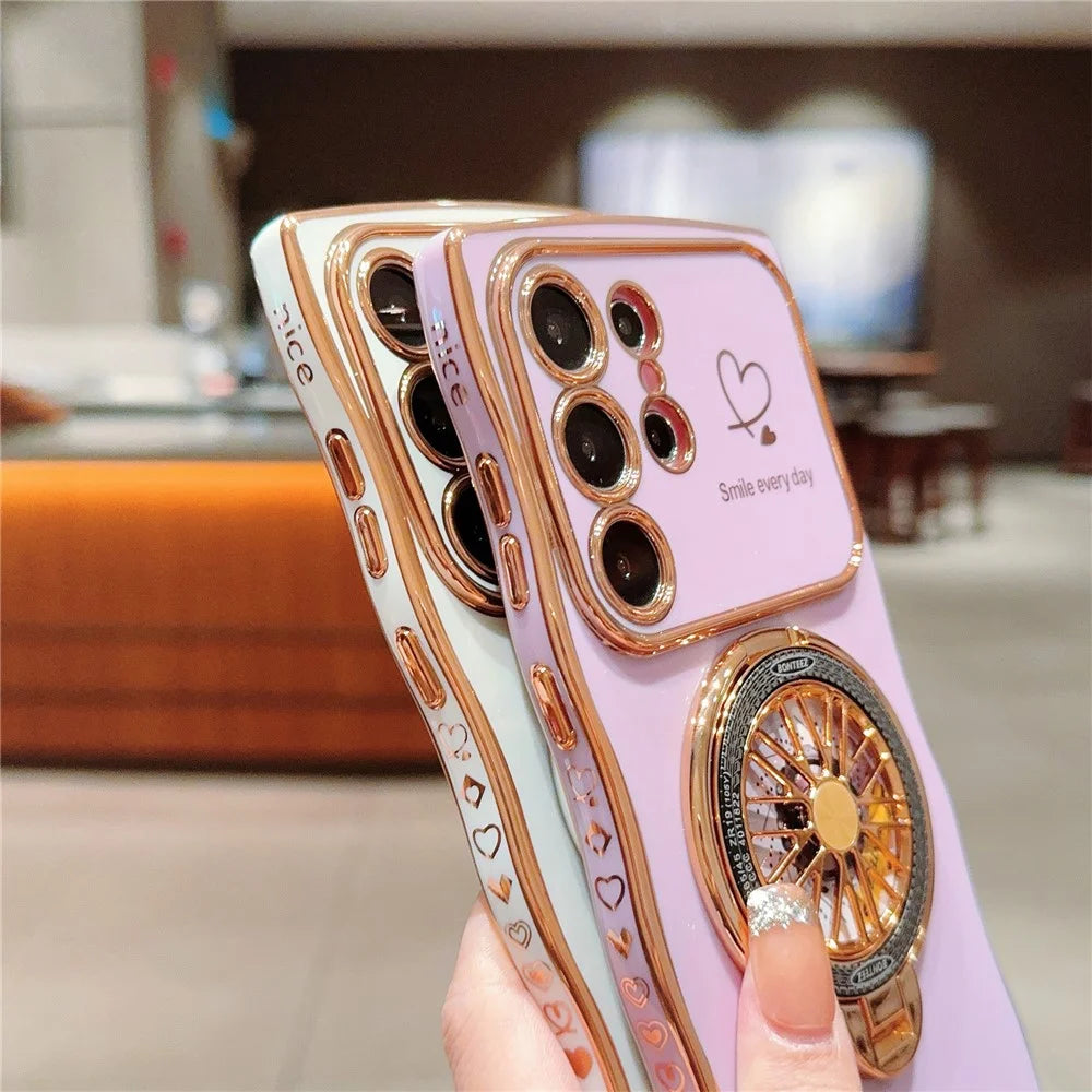 For Samsung Galaxy S24 Ultra Case Electroplating Gyro Design Kickstand Soft TPU Phone Cover - Ivory White - 5