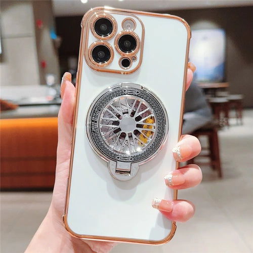 For iPhone 16 Pro Case Electroplating Gyro Design Kickstand Soft TPU Phone Cover - Ivory White - 1