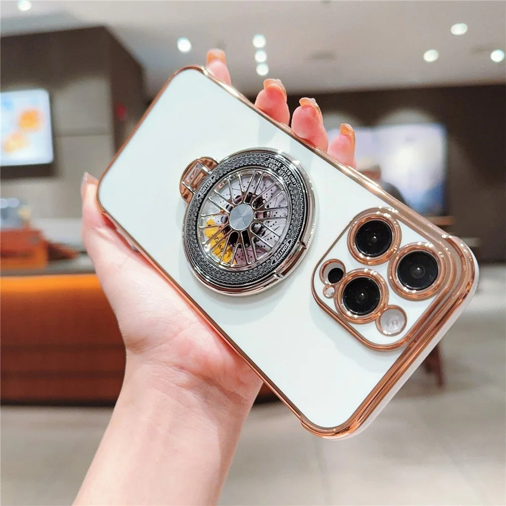For iPhone 16 Pro Case Electroplating Gyro Design Kickstand Soft TPU Phone Cover - Ivory White - 3
