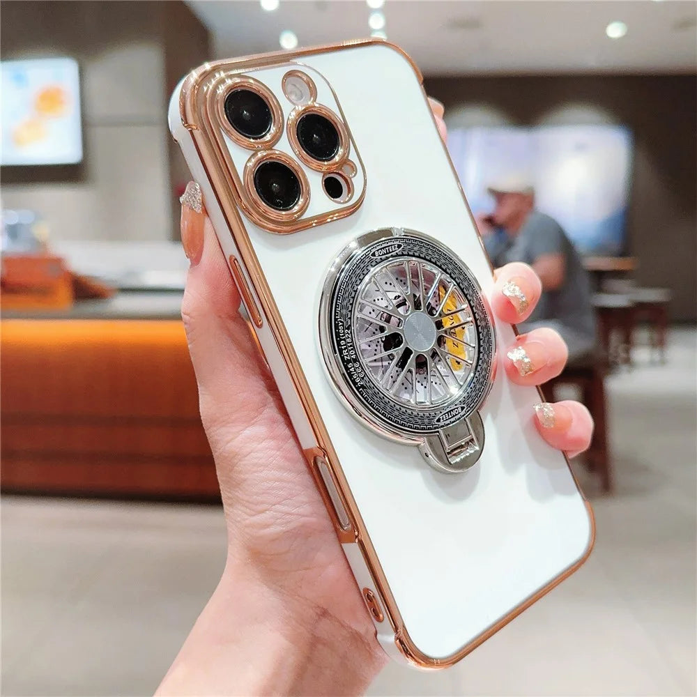 For iPhone 16 Pro Case Electroplating Gyro Design Kickstand Soft TPU Phone Cover - Ivory White - 4