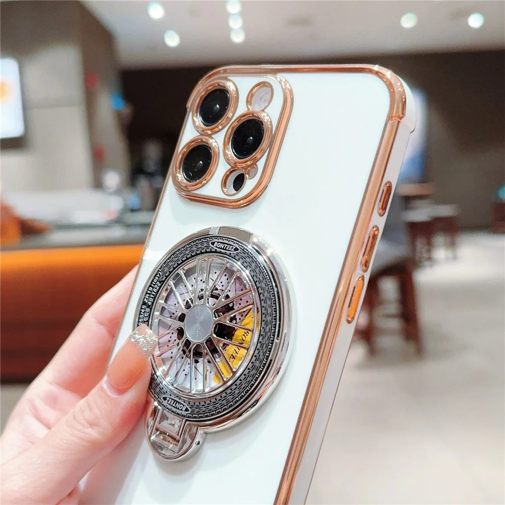 For iPhone 16 Pro Case Electroplating Gyro Design Kickstand Soft TPU Phone Cover - Ivory White - 5