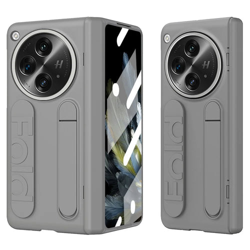 For OnePlus Open Case Kickstand Wristband PC Phone Cover with Tempered Glass Film - Grey - 1